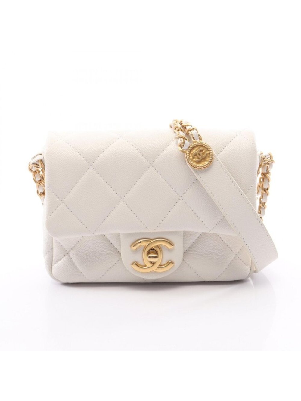 Chanel Shoulder Bag Mini Quilted White Caviar Leather Small Flap Chain
